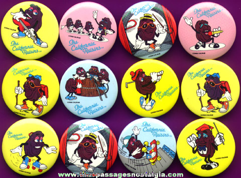 (12) 1988 California Raisins Character Pin Back Buttons