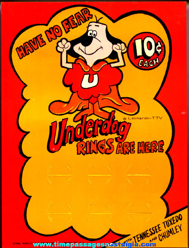 Unused 1960’s Underdog Gumball Machine Toy Ring Display Card