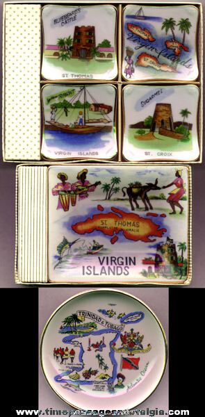 (6) Old Porcelain Or Ceramic Caribbean Souvenir Plates / Trays