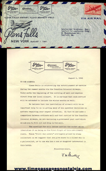 1941 Glen Falls, New York First Day Cover Envelope And Signed Letter