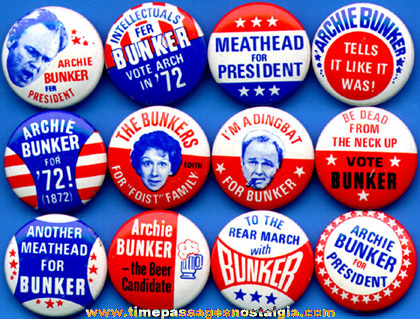 Rare & Complete Set Of (12) Archie Bunker Political Pin Back Buttons