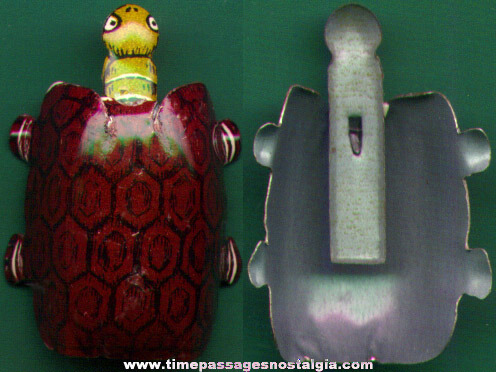 Colorful Old Cracker Jack Pop Corn Confection Lithographed Tin Nodder Turtle Toy Prize