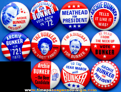(11) 1972 Archie Bunker Political Pin Back Buttons