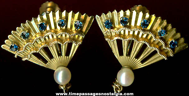 Old Pair Of Krementz Fan Earrings With Stones