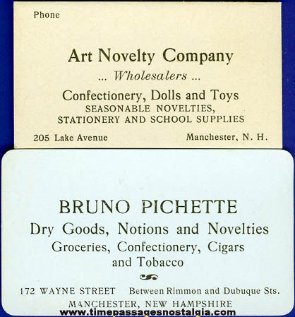 (2) Old Manchester, New Hampshire Novelties Business Cards