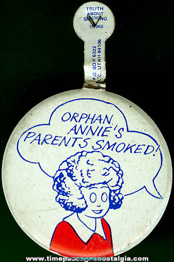 ©1968 Orphan Annie Anti Smoking Tin Tab Button