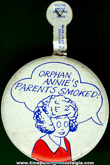 1968 Orphan Annie Anti Smoking Tin Tab Button