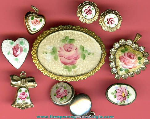 (9) Old Enameled & Rose Painted Jewelry Items