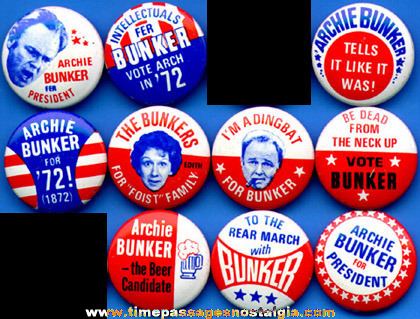 (10) different 1972 Archie Bunker Political Pin Back Buttons