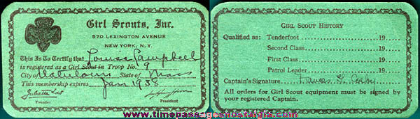 1938 Massachusetts Girl Scout Membership Card