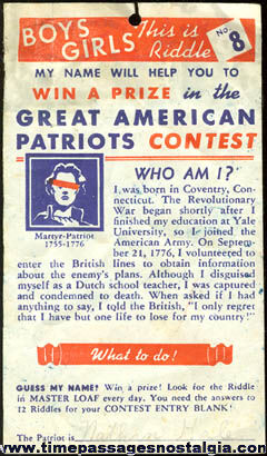 Old Master Loaf Bread Great American Patriots Contest Sheet