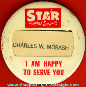 Old Celluloid Star Market Employee Advertising Name Badge / Pin