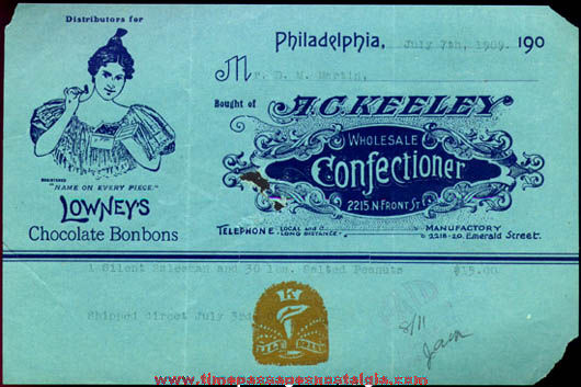 1909 Confectioner Invoice Featuring Lowney’s Chocolate