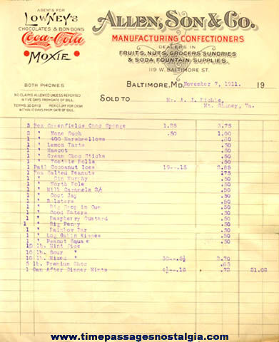 1911 Confectioner Invoice Featuring: Lowney’s Chocolate, Coca-Cola, & Moxie