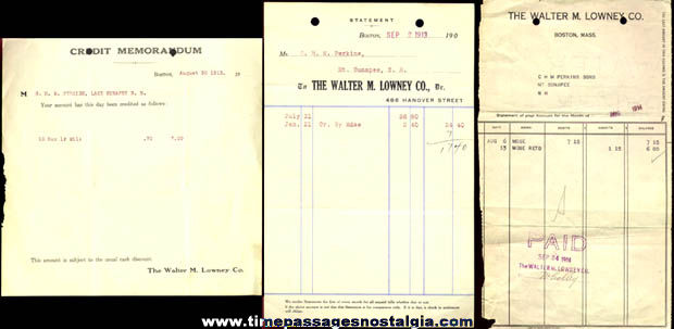 Lot of (3) 1913 - 1914 Walter M. Lowney Company Invoices / Receipts