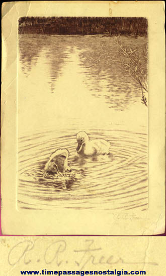 Old Signed Duck Pond Etching Print