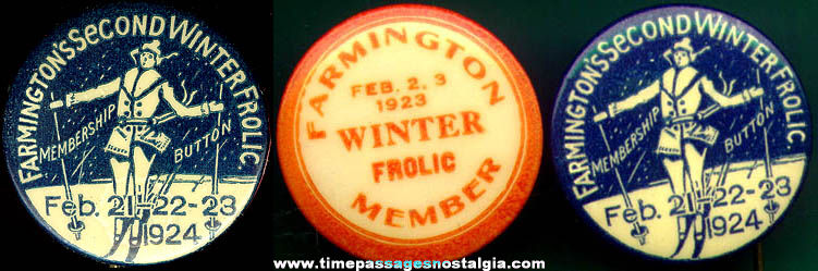 (3) Celluloid 1920s Winter Frolic Advertising Pin Back Buttons