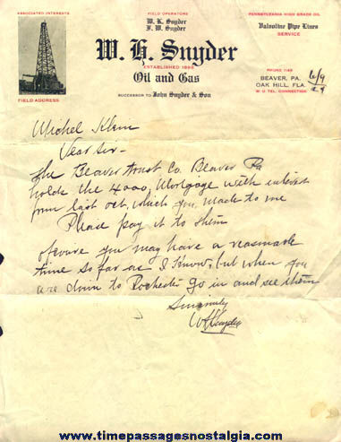 1924 W. H. Snyder Oil and Gas Company Letter