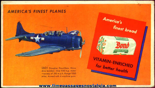 Unused World War II Bond Bread Advertising Airplane Ink Pen Blotter