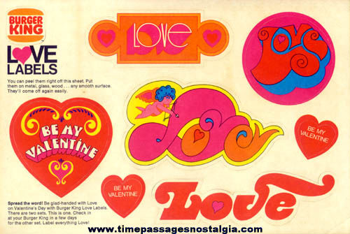 Old Burger King Advertising Premium Valentine Love Labels Sticker Sheet