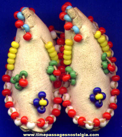 Old Miniature Pair Of Beaded Leather Moccasins
