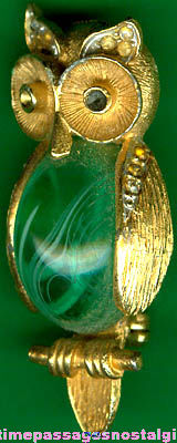 Old Glass & Metal Owl Costume Jewelry Pin