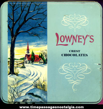 Colorful Old Lowney’s Crest Chocolates Candy Tin Container