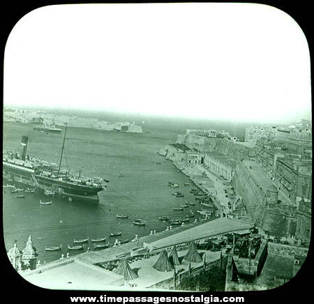 Early Malta Harbor & Ship Photograph Glass Slide