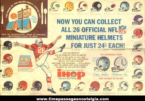 1971 IHOP Restaurant NFL Football Helmet Game Placemat