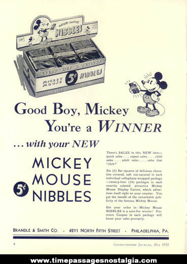 1933 Walt Disney Mickey Mouse Nibbles Candy Trade Advertisement