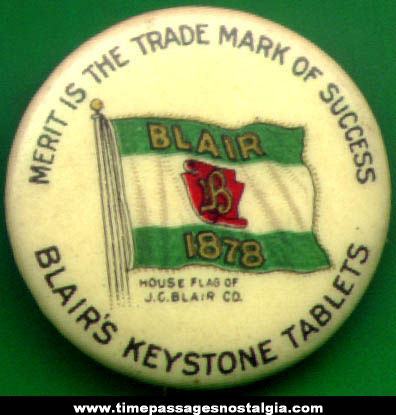Old Blairs Keystone Tablets Advertising Celluloid Pin Back Button