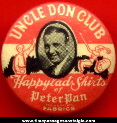 Old Celluloid Uncle Don Club Advertising Radio Premium Pin Back Button