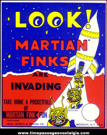 ©1965 Martian Fink Character Gum Ball Machine Prize Header Display Card