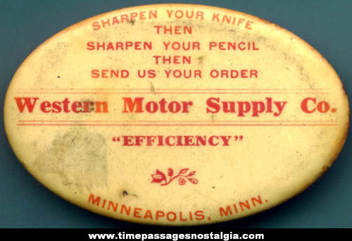Old Western Motor Supply Company Celluloid Advertising Premium Sharpening Stone