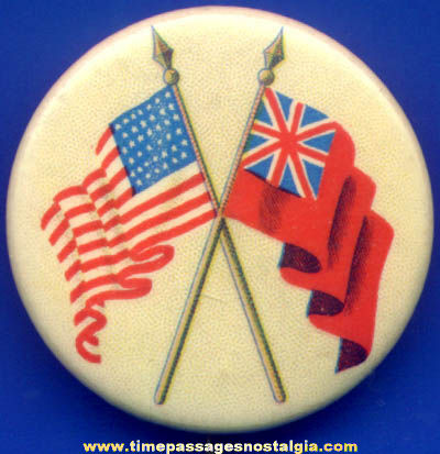 Old Celluloid American & British Flag Pin Back Button