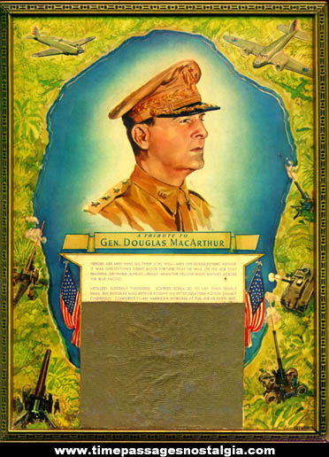 Colorful 1940s Framed General Douglas MacArthur Wall Plaque