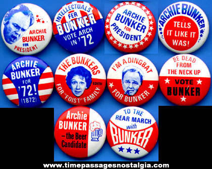 (9) Different 1972 Archie Bunker Gum Ball Machine Prize Political Pin Back Buttons