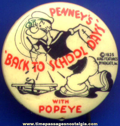 1935 Popeye Cartoon Character Penny’s Celluloid Advertising Pin Back Button