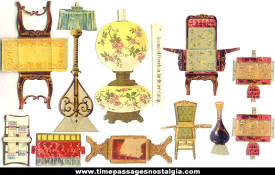 (11) Miscellaneous 1800s Victorian Paper Doll Furniture & Accessory Items