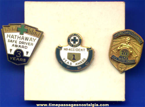 (3) Different Old Green Cross Safe Driver Award Pins
