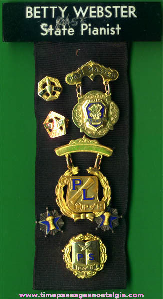 Old Black Ribbon With (7) Old Grange Medals & Pins