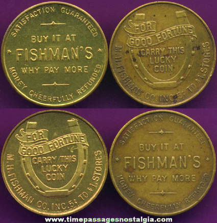 (2) Old M. H. Fishman Company Store Advertising Premium Good Luck Coins