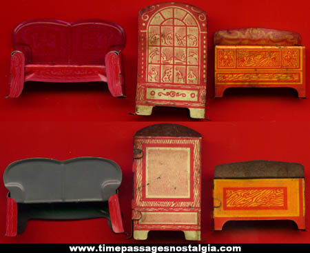 (3) Old Marx Home Town Lithographed Tin Doll House Furniture Items