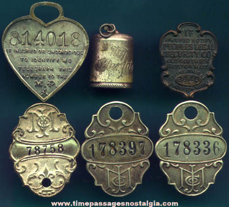 (6) Old Metal Identification Tags, Charms, and Pin