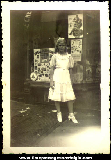 Old Store Front Girl Photograph With Advertising Signs