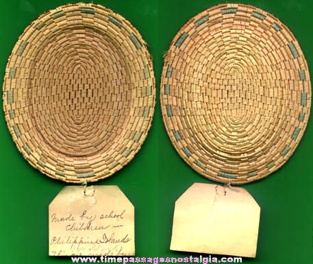 Small Old Grass Reed Basket Tray With Paper Tag