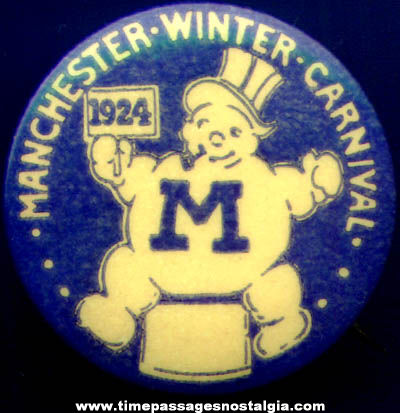 1924 Manchester Winter Carnival Souvenir Celluloid Advertising Pin Back Button