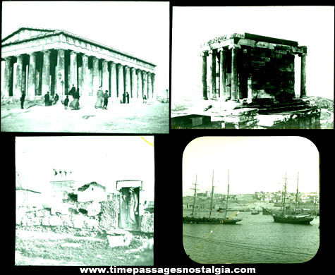(4) Old Greece Building & Ships Glass Photograph Slides
