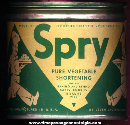 Old Lever Brothers Company Spry Advertising Shortening Tin Can With Paper Label
