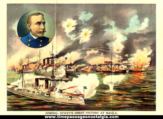 Colorful 1890s Admiral Dewey Great Victory At Manila Naval War Print